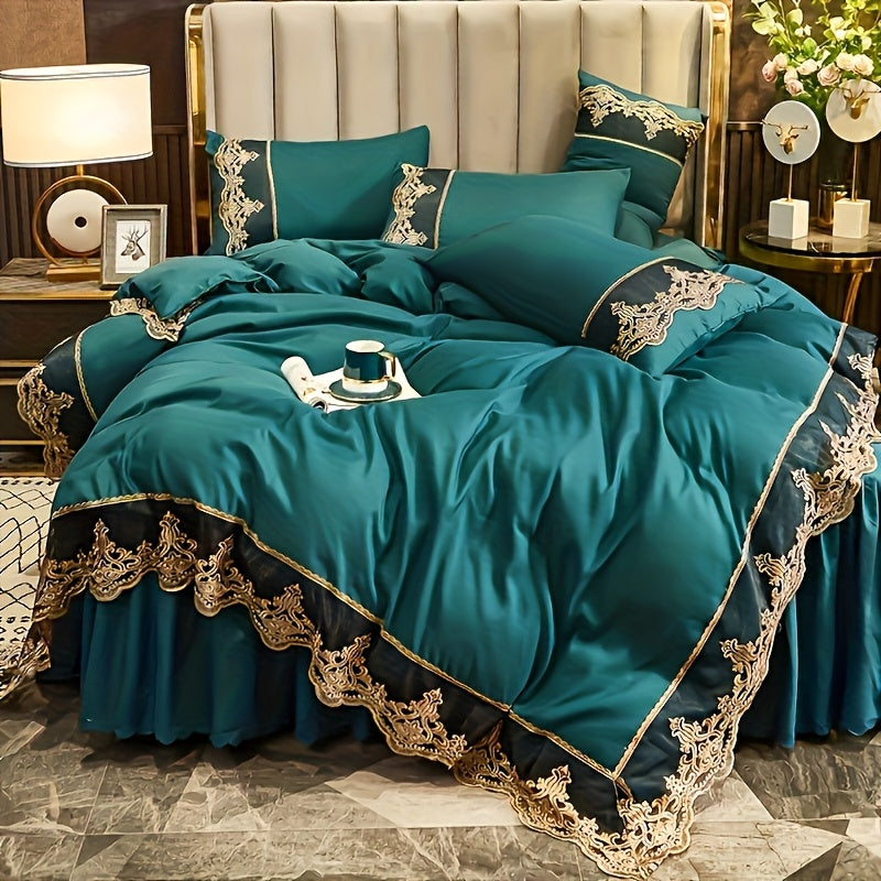 Luxury Polyester Duvet Cover Set with Golden Lace Accents, Solid Color, Zipper Closure