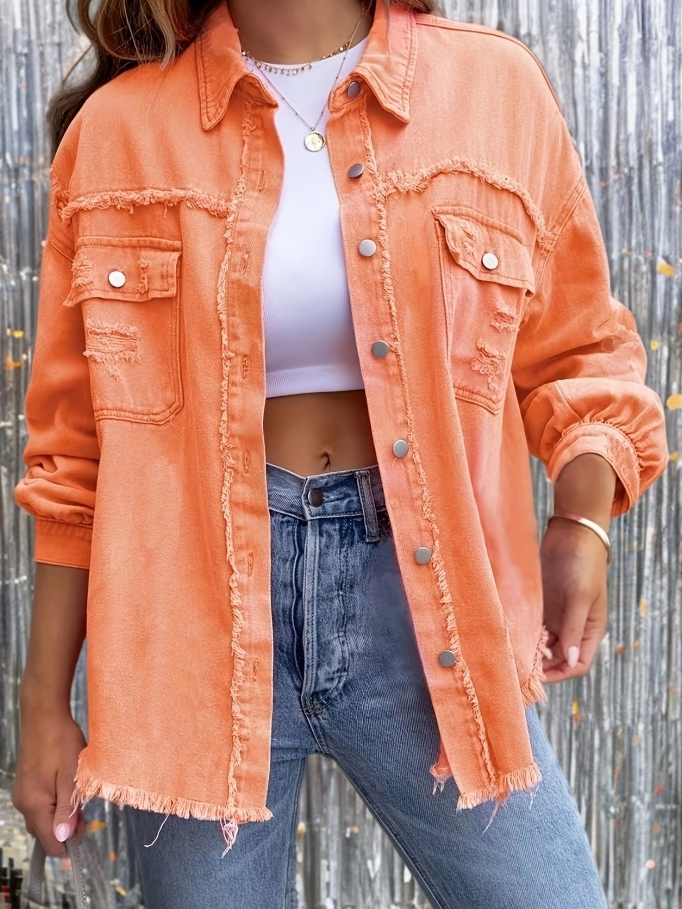 Women's Plus Size Orange Distressed Denim Jacket with Fringe Street Style