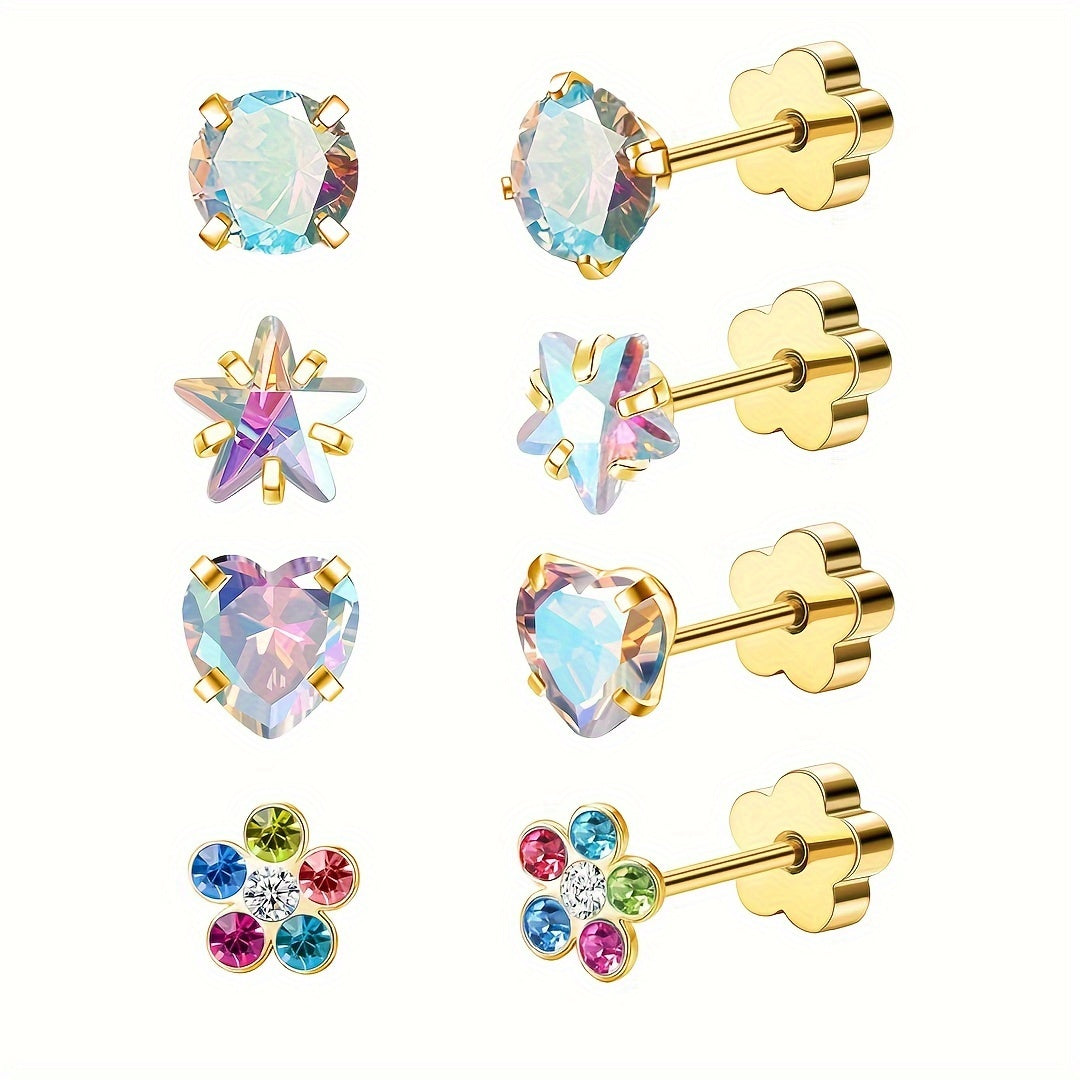 Hypoallergenic Flat Back Earrings for Women Men Girls Star Heart Protein Stone Silver Pink AB