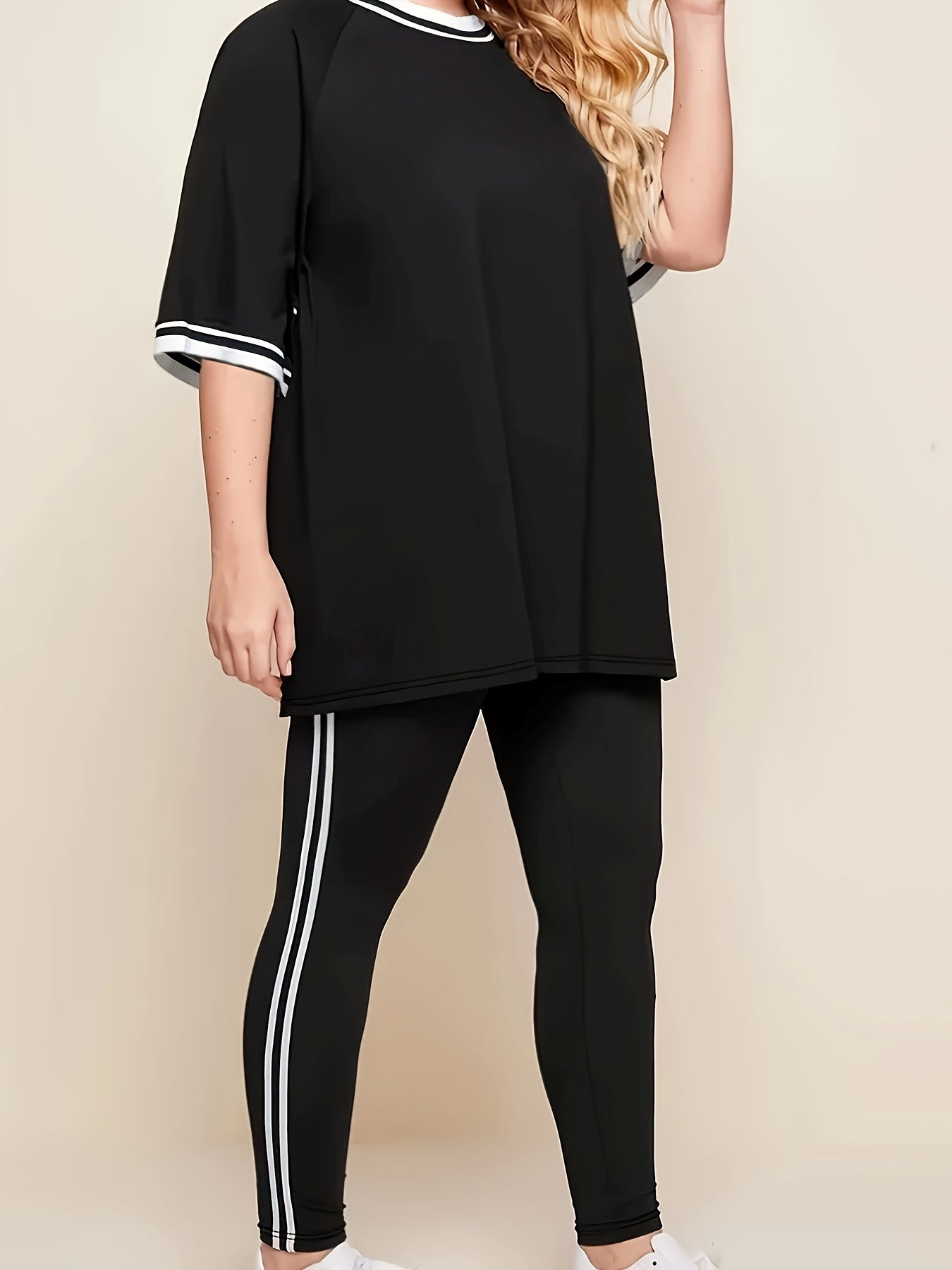 Plus Size Striped Sports Loungewear Set Short Sleeve Ruffle Top Polyester Elastane