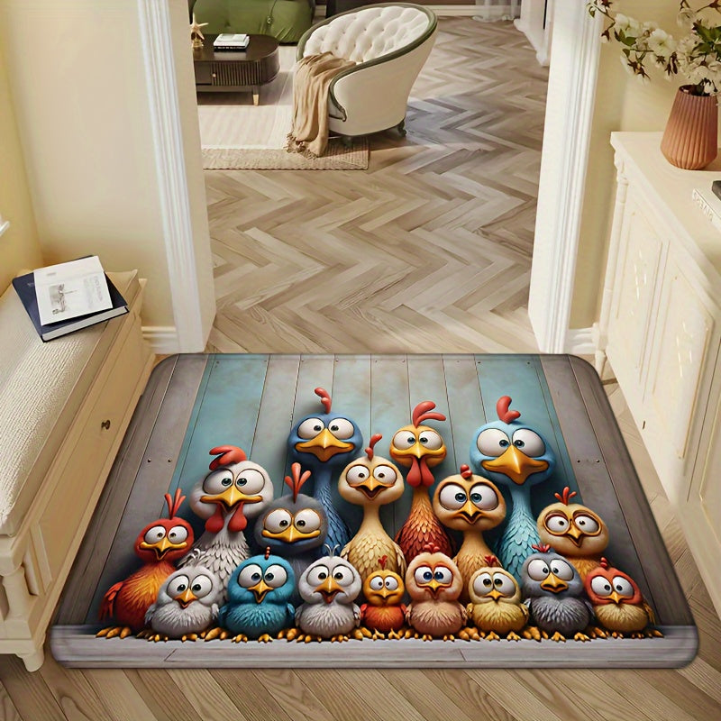 Коврик с рисунком «Куриная семья» с большими глазами, губка толщиной 1,2 см, нескользящий, устойчивый к пятнам и воде, можно стирать в стиральной машине, 100% полиэстер, коврик для двери в спальню, ванную комнату, кухню, прихожую, прачечную
