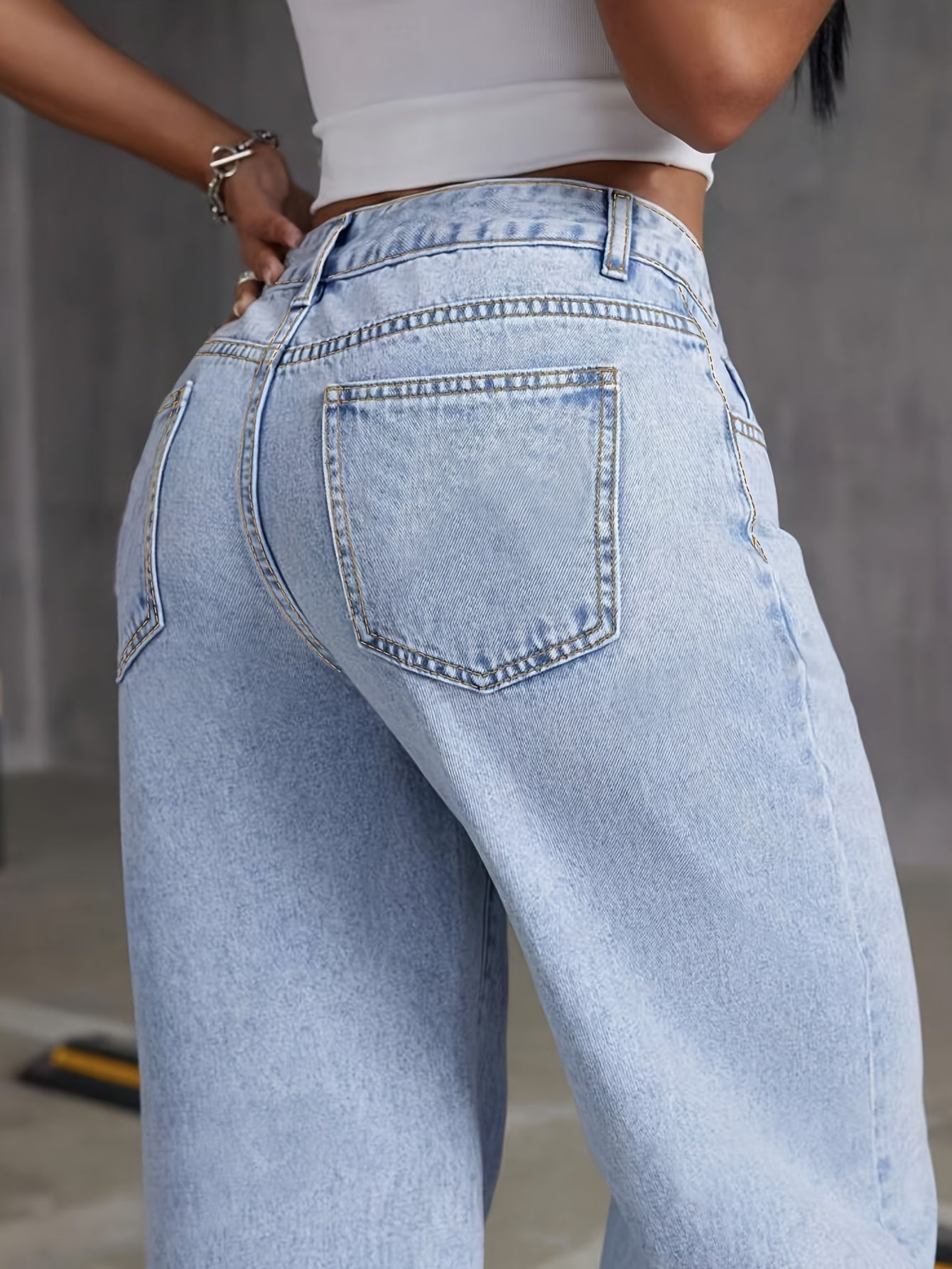 Jeans de cintura alta y pierna ancha para mujer con apertura de botones, de color sólido para todas las estaciones, con tela ligeramente elástica