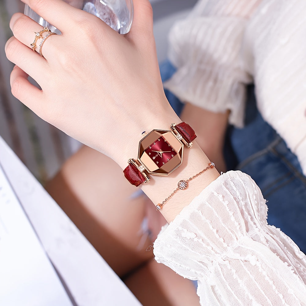Women's Quartz Watch with Rhinestones and Leather Band Analog Display Polygon Pointer