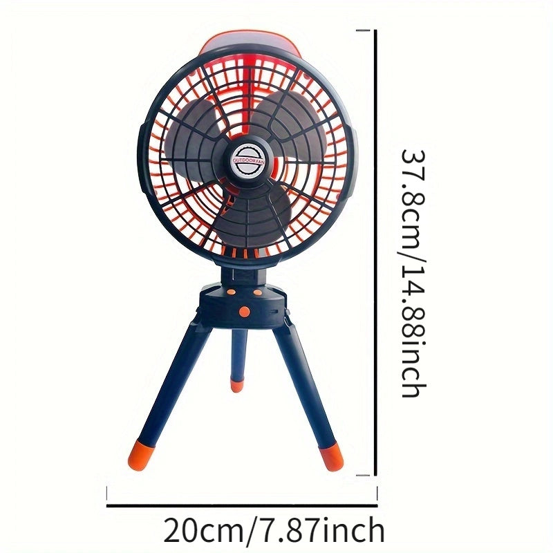 Kompakt va jim portativ lager ventilyatori, avtomatik osilash bilan, USB orqali zaryadlanadigan va uyda, ofisda yoki ochiq havoda foydalanish uchun o'rnatilgan batareyaga ega.