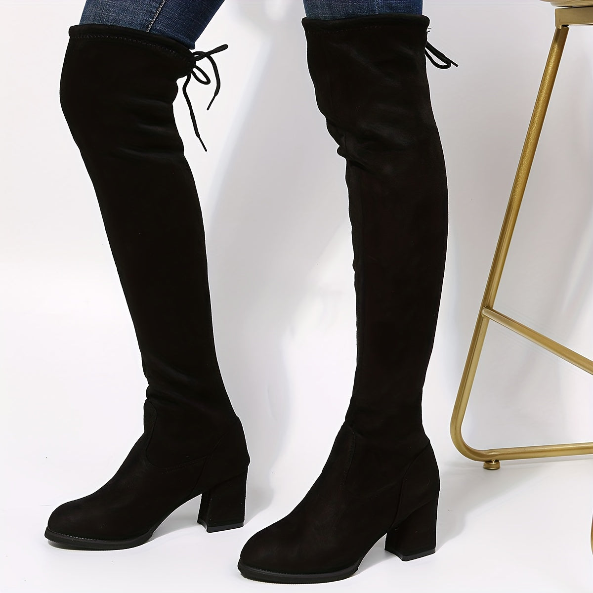 Women's Long Leather Boots Knee High Heels Heightening Finger Black