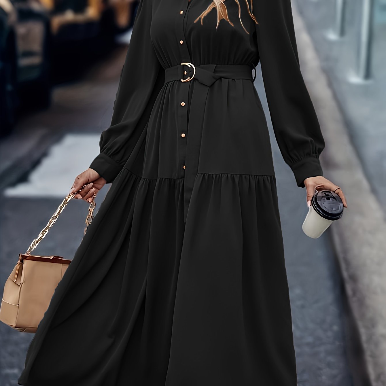 Women's Middle Eastern Style Polyester Shirt Dress with Lantern Sleeves and Ruffled Hem for Spring Fall