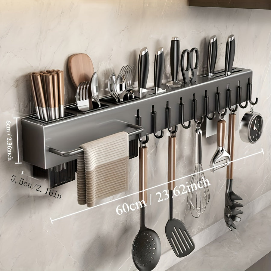 Stainless Steel Wall-Mounted Kitchen Organizer with Towel Bar Hooks and Cutlery Holder