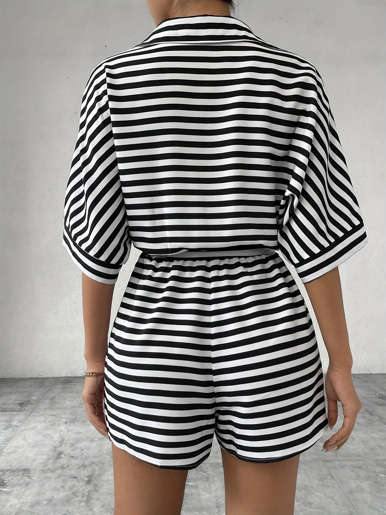 Women's Striped Button Front Romper Jumpsuit with Belt Short Sleeve Spring Summer