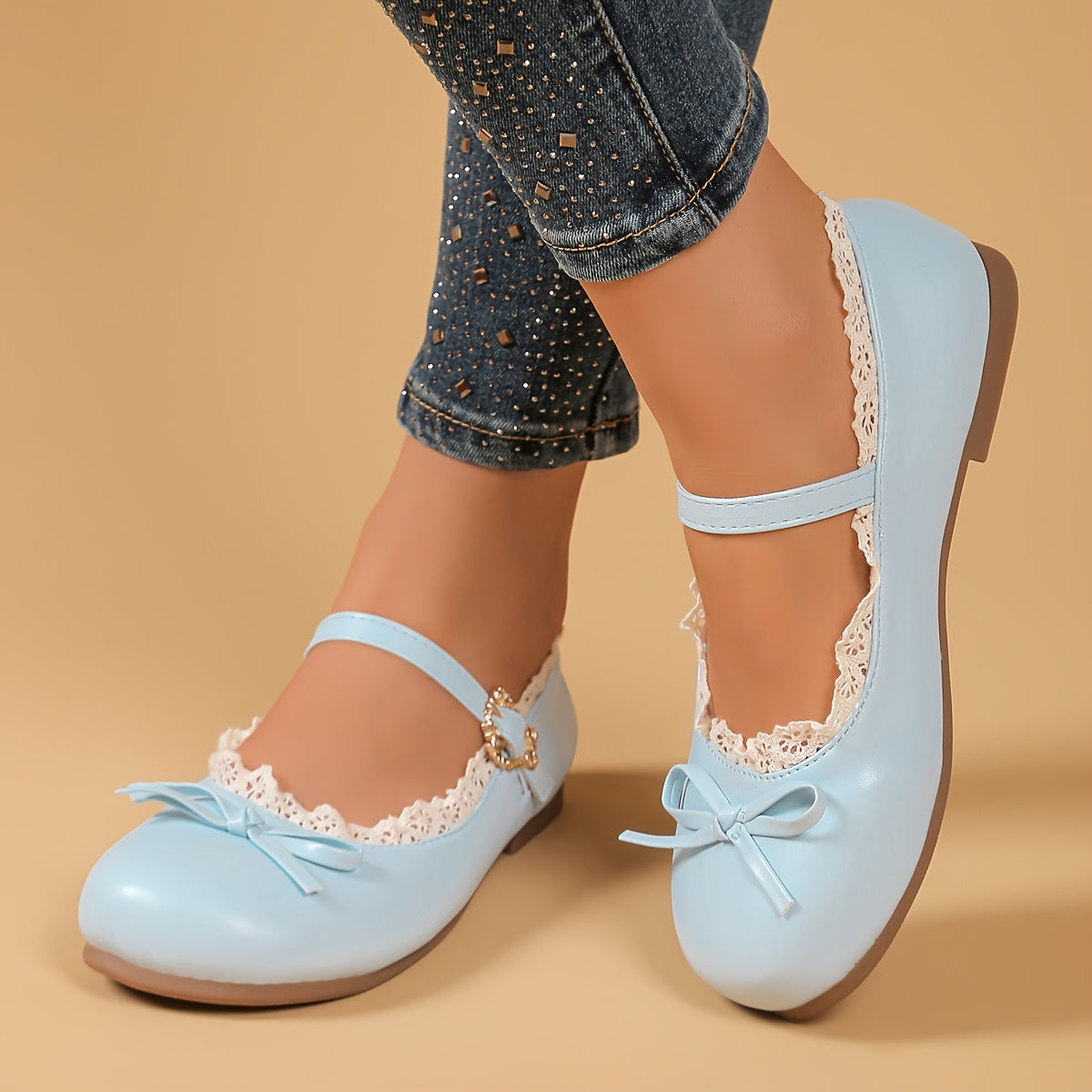 Women's Mary Jane Flats with Bow Detail Breathable Rubber Sole Pink White