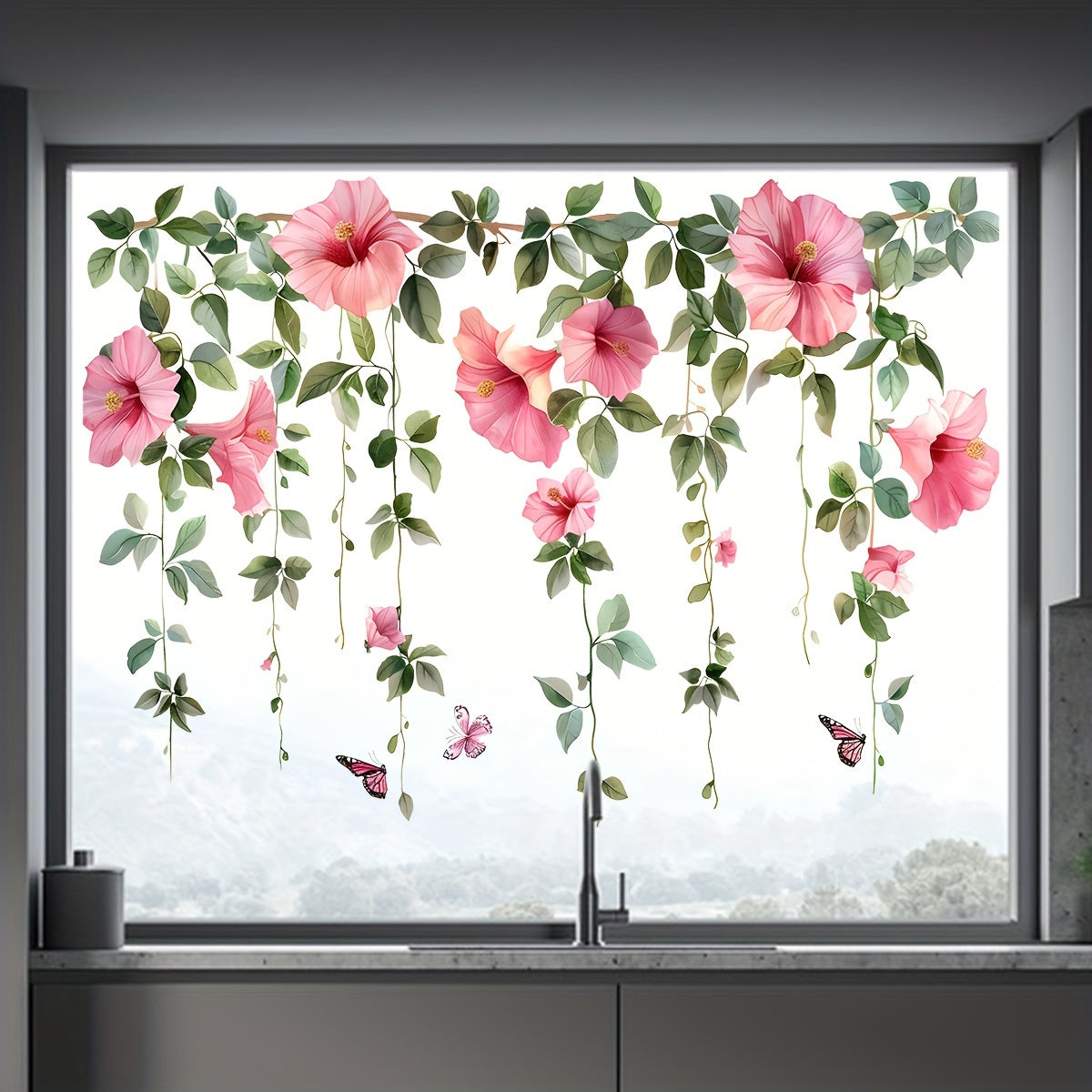 Pink Flower Window Decals with Butterfly, Self-Adhesive Glass Sticker, Removable Murals