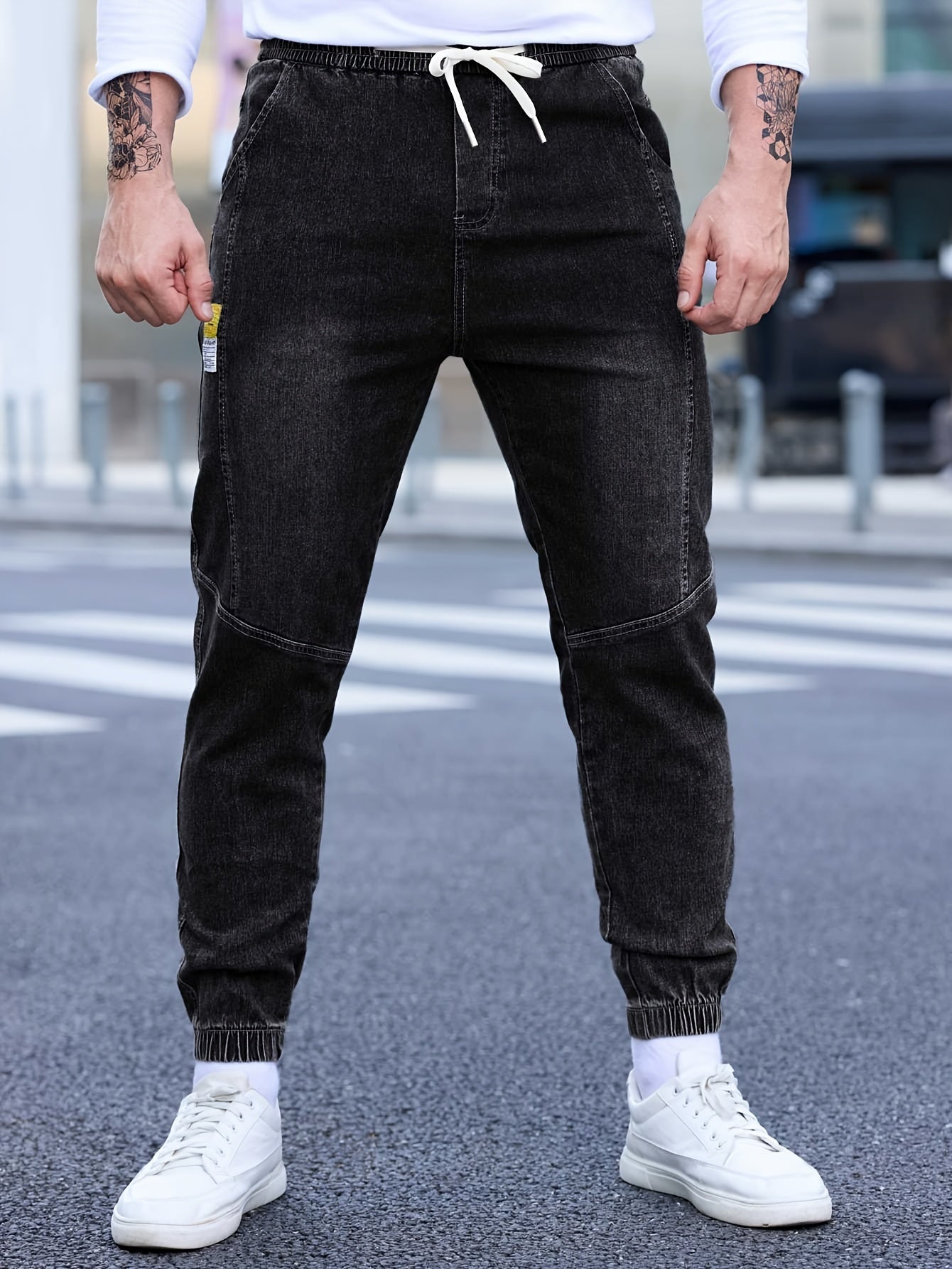 Men's Denim Cropped Pants with Pockets Drawstring Waist Fall Winter Casual