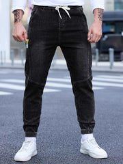 Men's Denim Cropped Pants with Pockets Drawstring Waist Fall Winter Casual