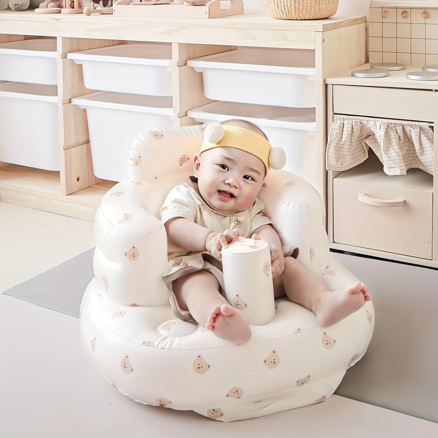 Inflatable Baby Seat with Back Support White Bear Design Toddler Floor Seat for Sitting Up