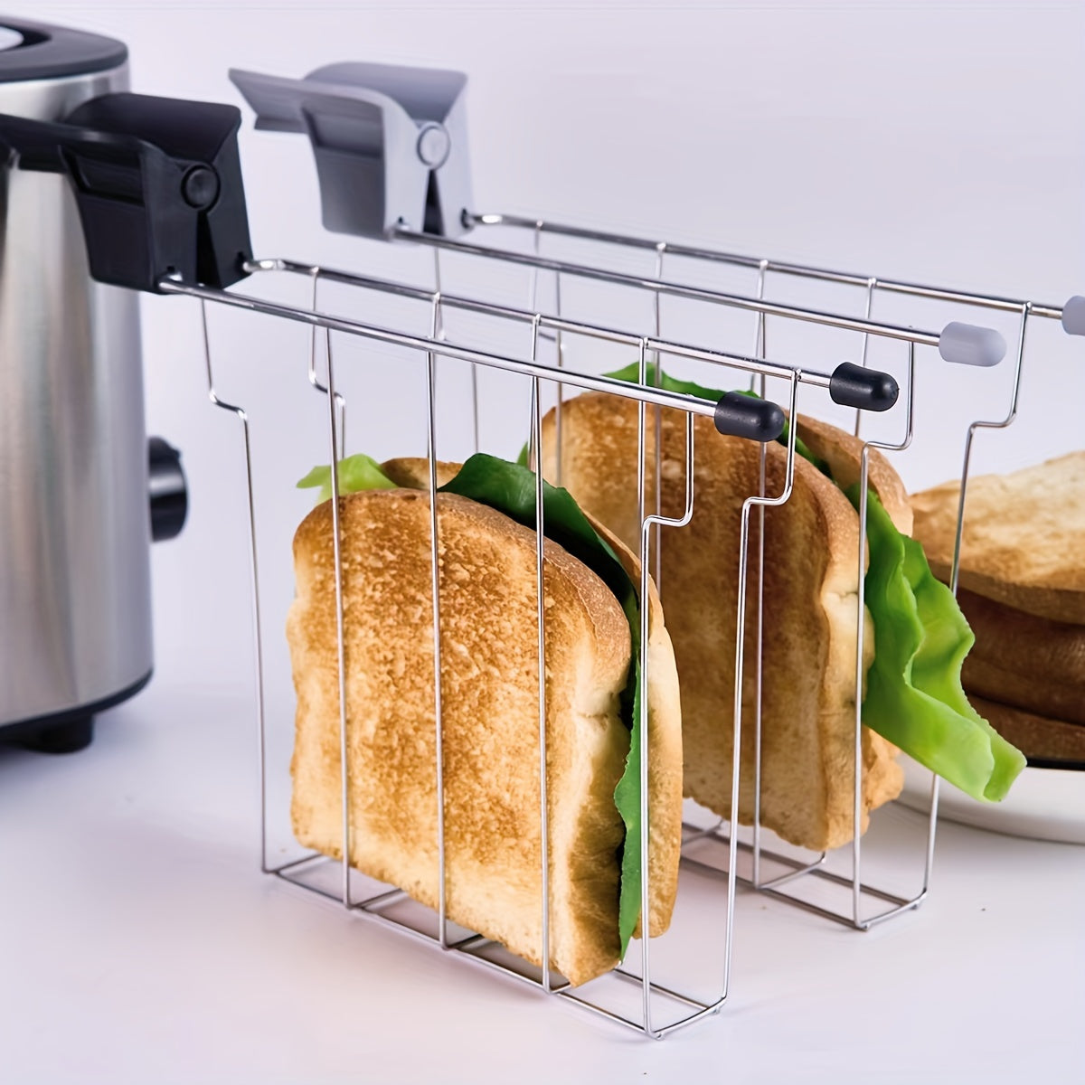 Stainless steel sandwich holder cage with heat-proof handle for toaster, anti-scalding clip