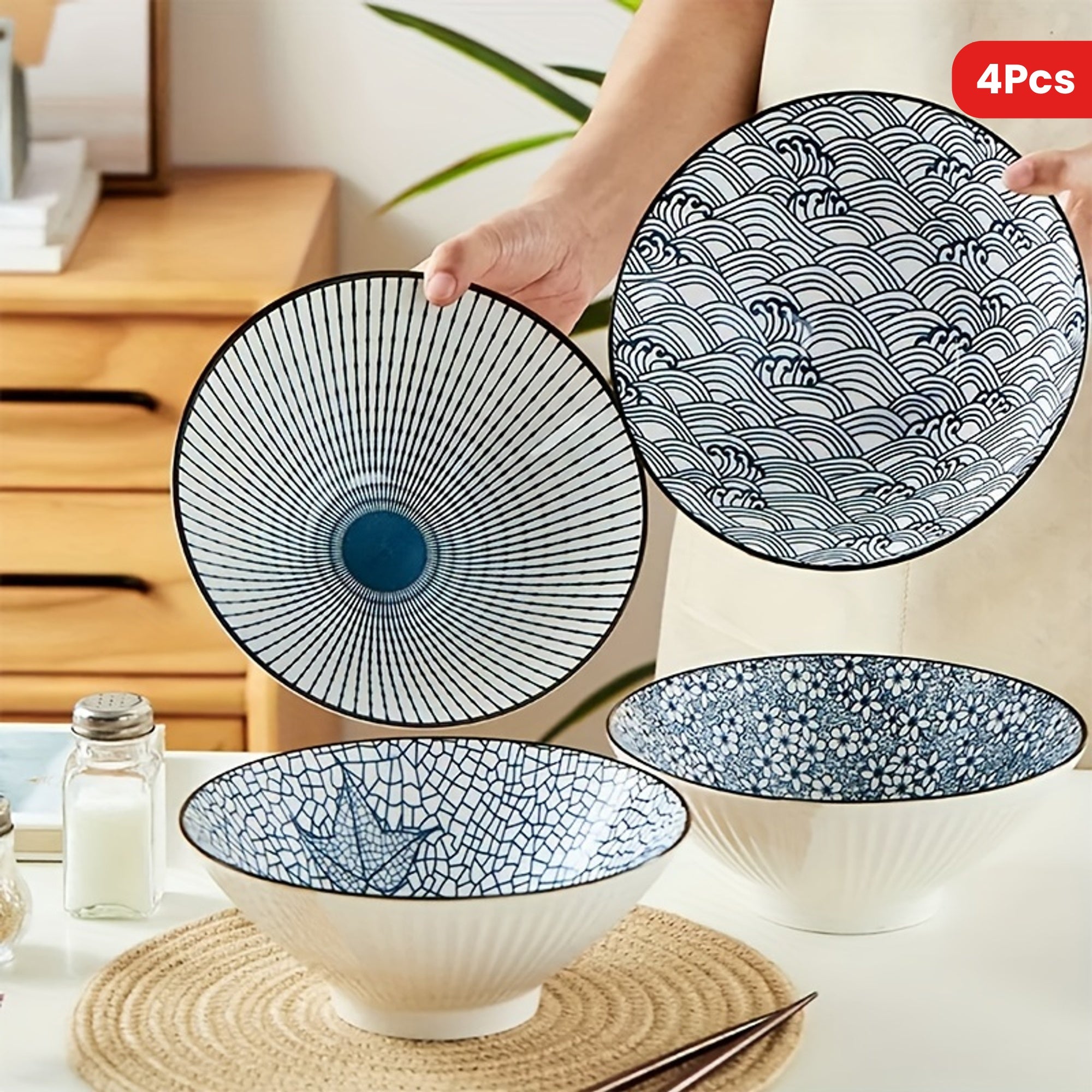 Set of 4 Ceramic Dinnerware Bowls and Plates for Soup Noodles Pasta