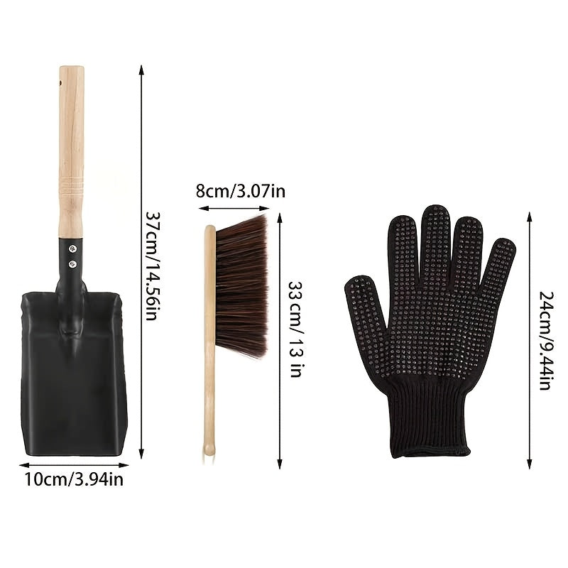 Fireplace Cleaning Kit with Metal Shovel Ash Scoop Gloves for Wood Stove Maintenance