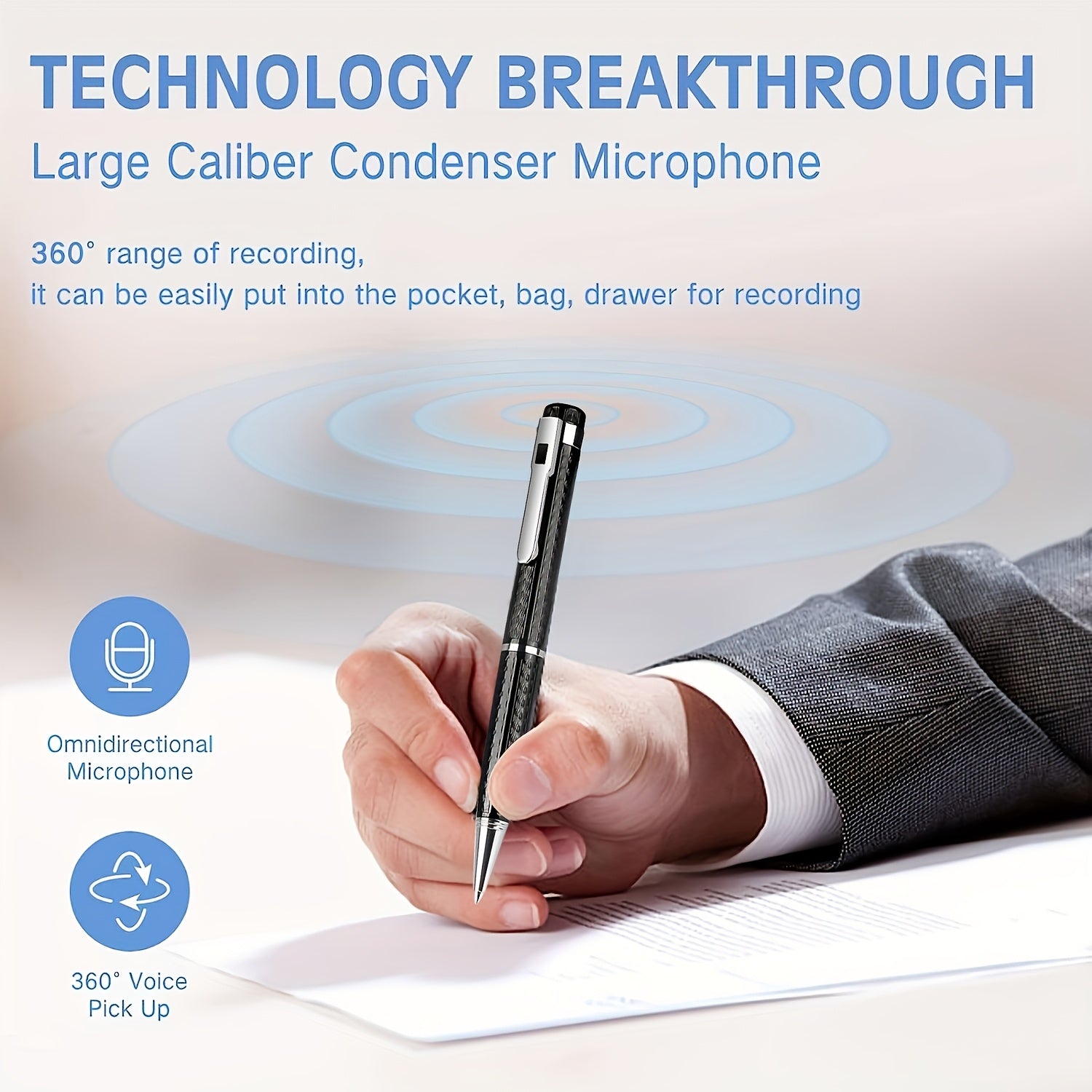 360° kondensator mikrofonli, qayta zaryadlanadigan batareyali, omnidireksional qabul qiluvchi, USB/batareya ikki quvvat rejimiga ega portativ raqamli ovoz yozuvchi qalam.
