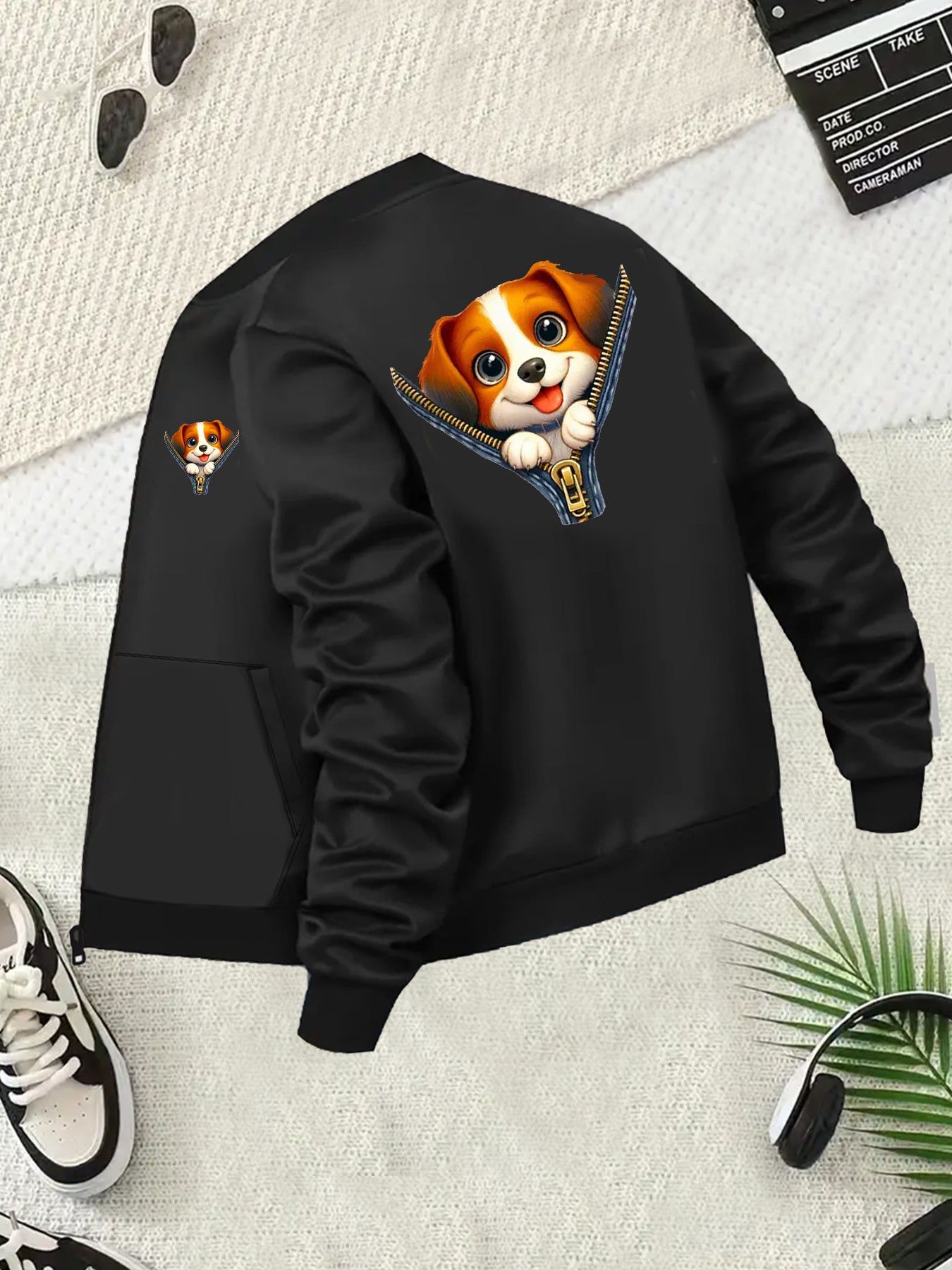 Women's Plus Size Casual Jacket with Cartoon Dog Print Long Sleeve Zip Autom shirts