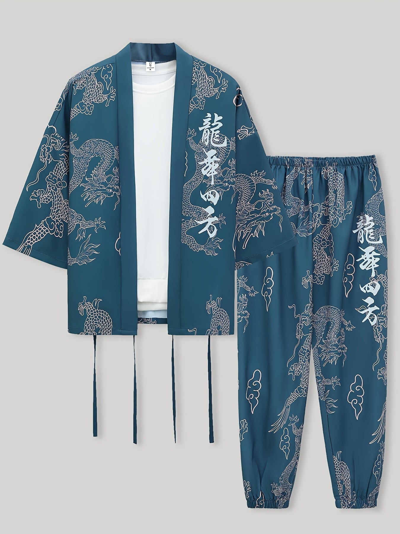 Men's Dragon Print Kimono Robe Set Casual Polyester Loungewear with Matching Pants for Spring Autumn