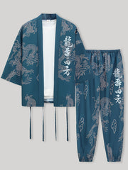 Men's Dragon Print Kimono Robe Set Casual Polyester Loungewear with Matching Pants for Spring Autumn