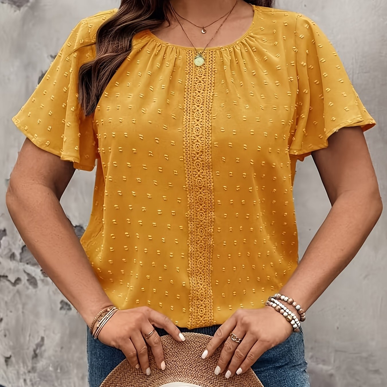 Plus Size Women's Smocked Blouse Black Short Sleeve Casual Formal Top