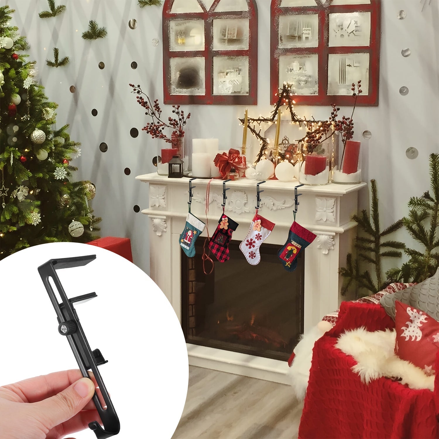 Set of Four Adjustable Metal Christmas Stocking Holders for Mantle Fireplace Decor