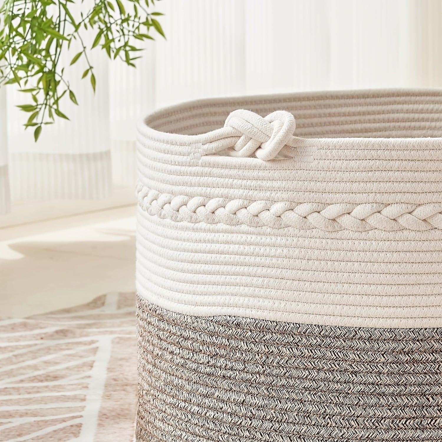 Round Bohemian Woven Laundry Basket with Handles for Bathroom and Living Room Storage