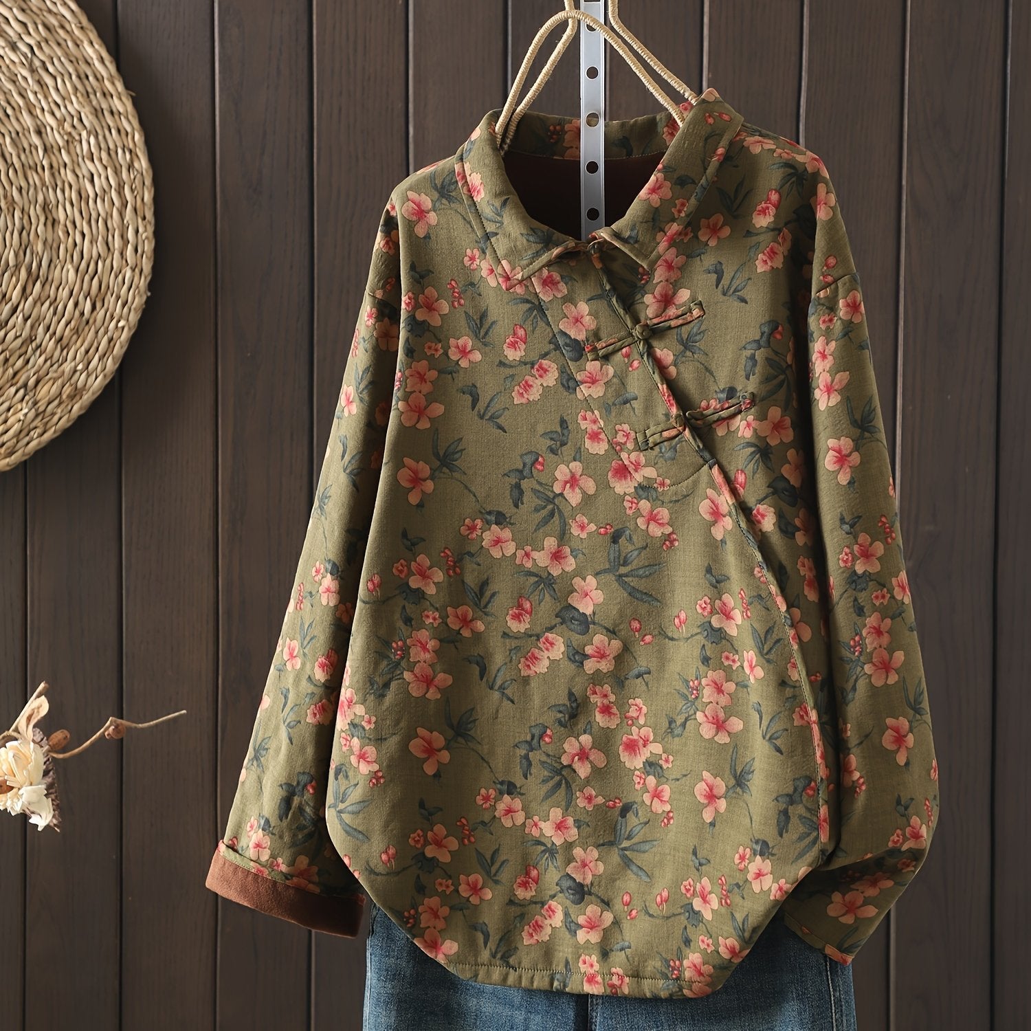 Plus Size Floral Print Woven Shirt with Stand-Up Collar and Chinese-Style Placket for Fall and Winter