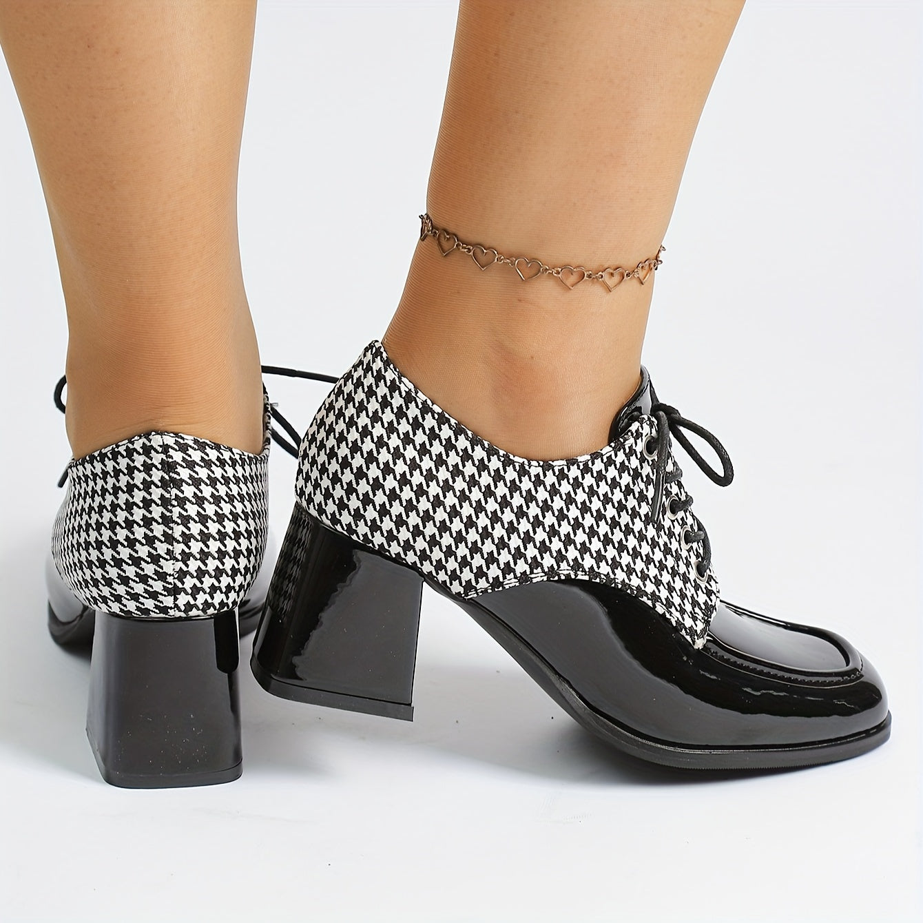 Ayollar uchun xoundstooth kiyingan poyabzal, kvadrat barmoqli, qalin tagli, bog‘lamli oxfords