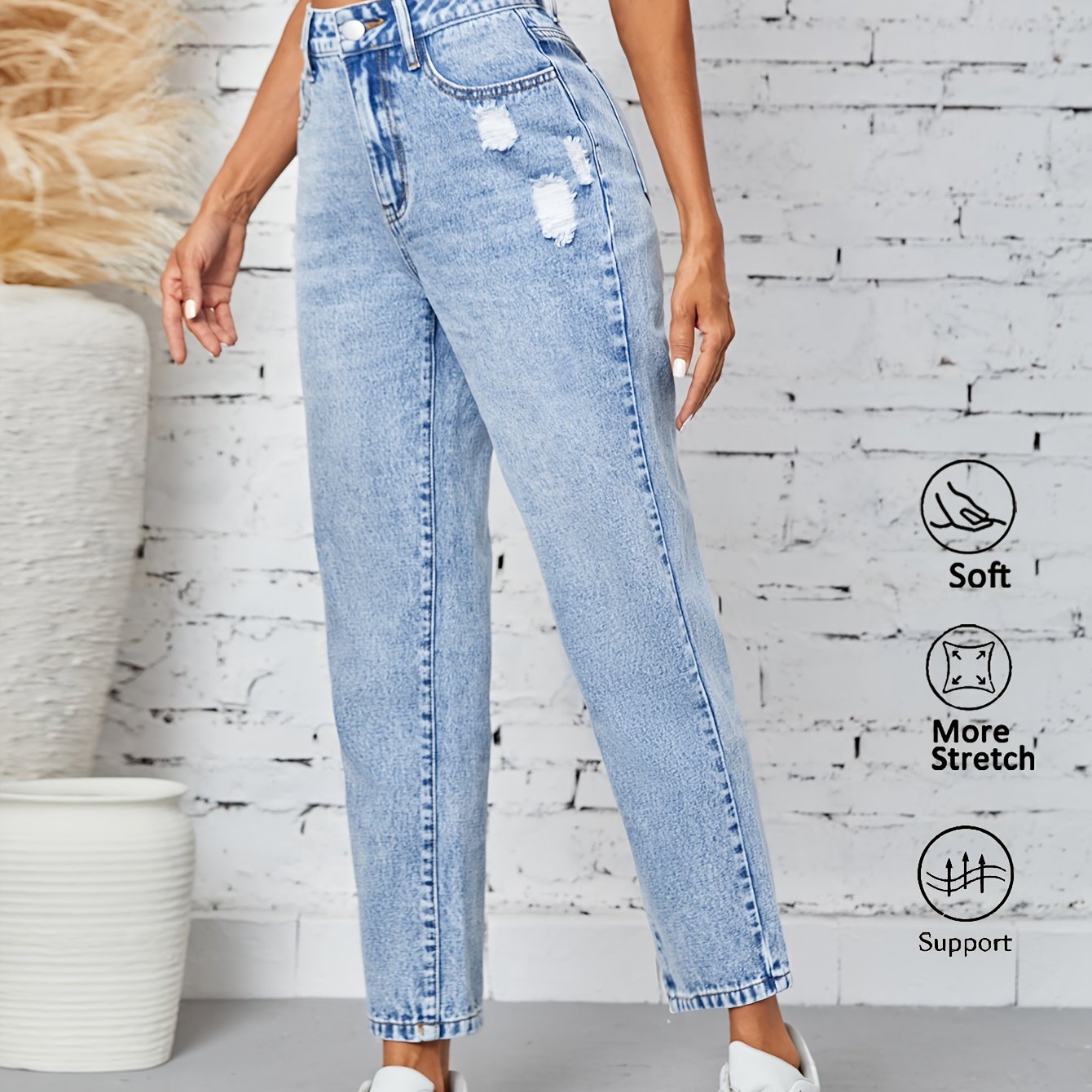 Women's Ripped High-Waisted Denim Jeans Grey Black Stretch Straight Leg Casual