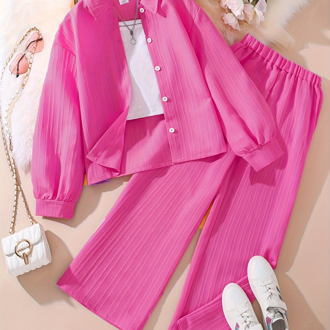 Girls' Clothing Set for 8-12 Years Long Sleeve Solid Color Korean Style Casual Outfit