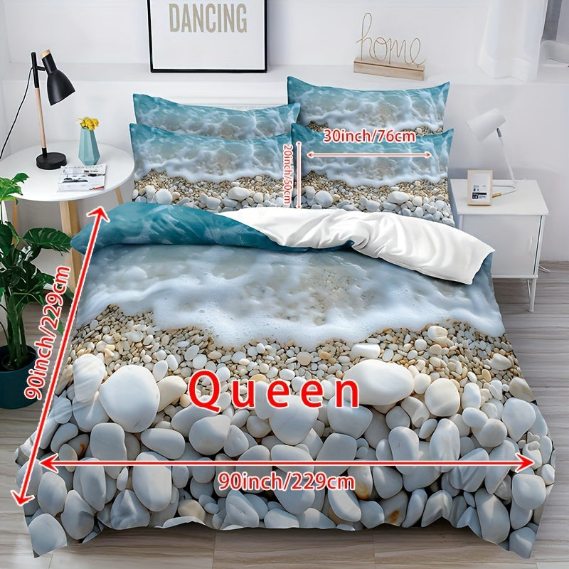Conjunto de ropa de cama de 3 piezas con patrón de mármol azul y blanco, funda de edredón de poliéster y fundas de almohada