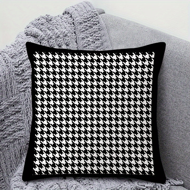 Reversible Contemporary Houndstooth Throw Pillow Cover 45cm Black and White Woven Polyester