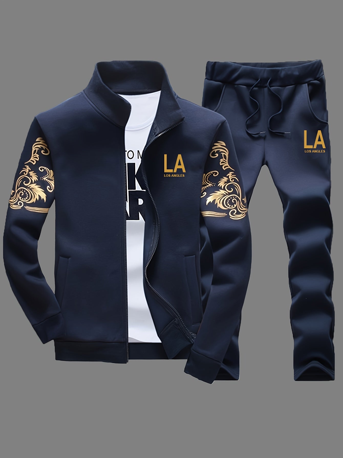 Men's Printed Zip Jacket and Drawstring Pants Set Casual Tracksuit Polyester