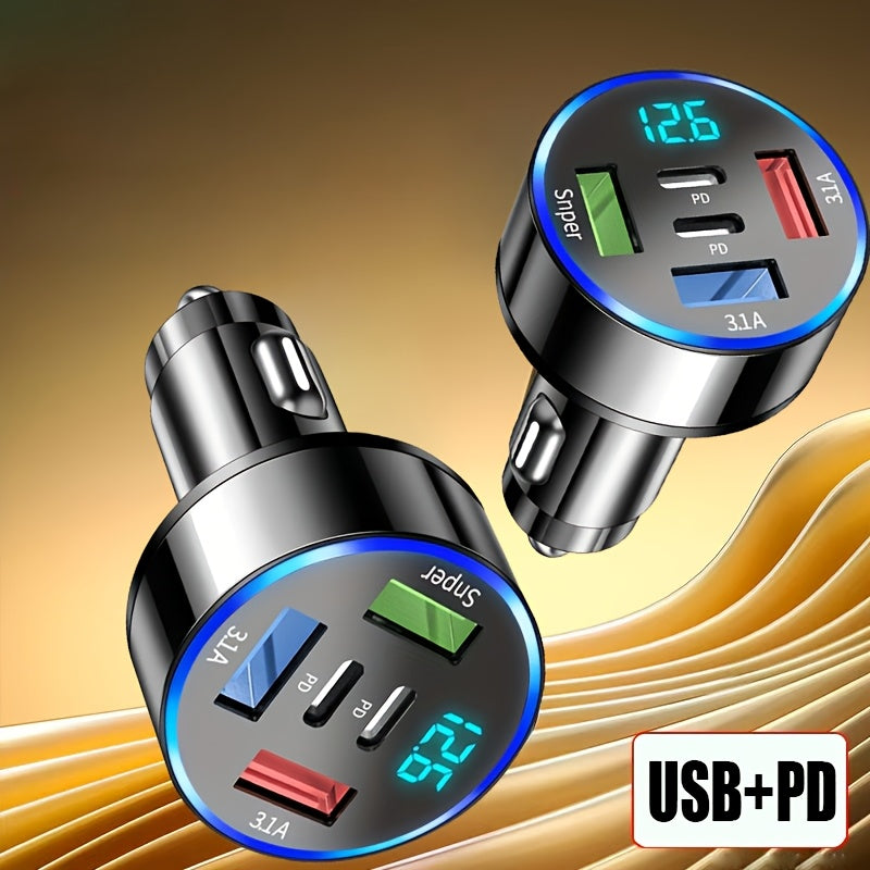 5-in-1 Car Charger with LED Display USB-C PD Quick Charge 3.0 Fast Charging