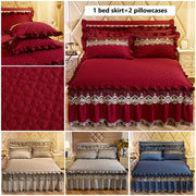3-Piece Solid Color Quilted Love Quilt Set with Lace Bed Skirt and Pillowcases