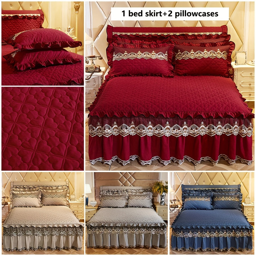 3-Piece Solid Color Quilted Love Quilt Set with Lace Bed Skirt and Pillowcases