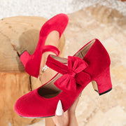 Women's Velvet Bow Mary Jane Pumps with Chunky Heel for Weddings