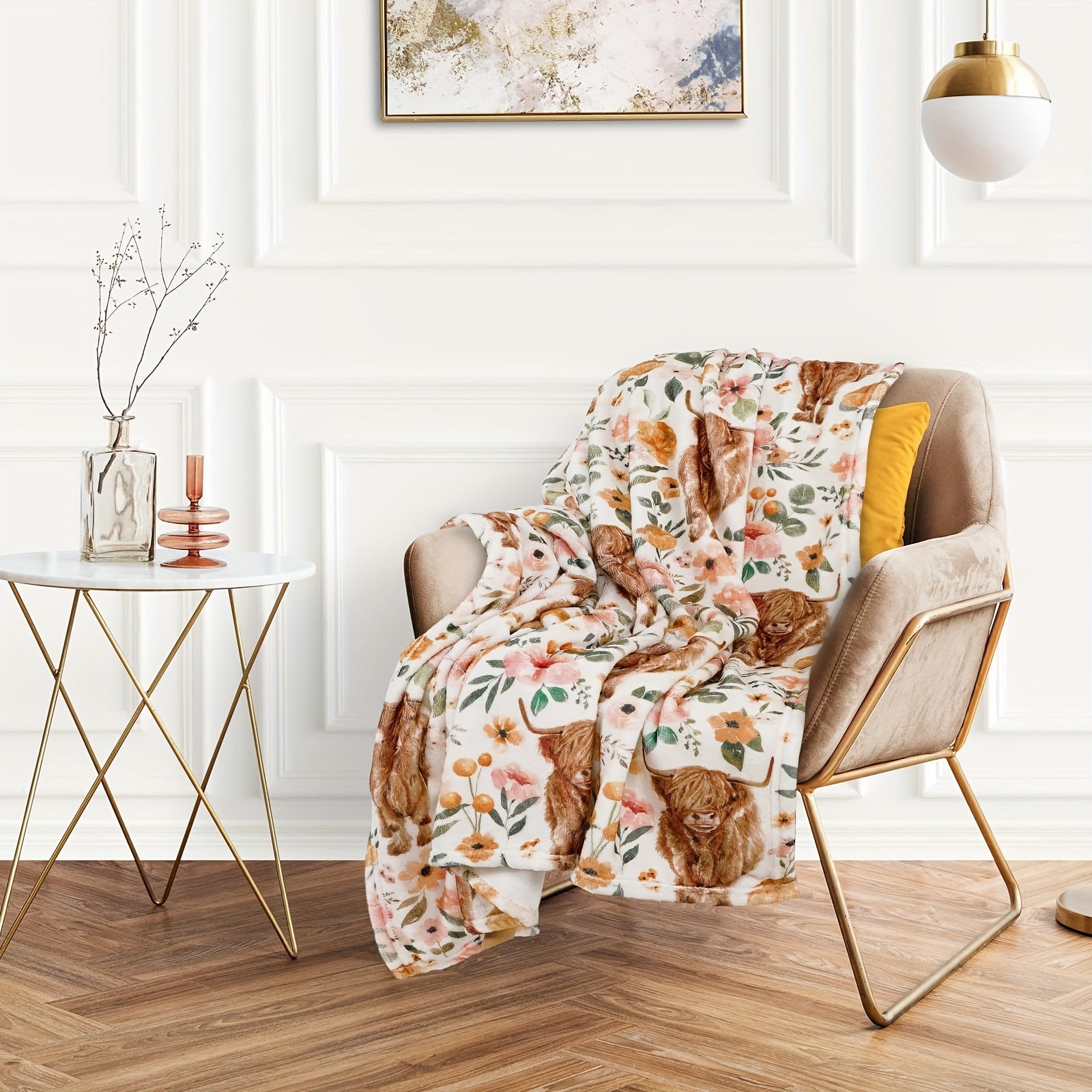 Manta de franela con estampado de vaca de campo y flores acogedora para sofá, cama y viajes