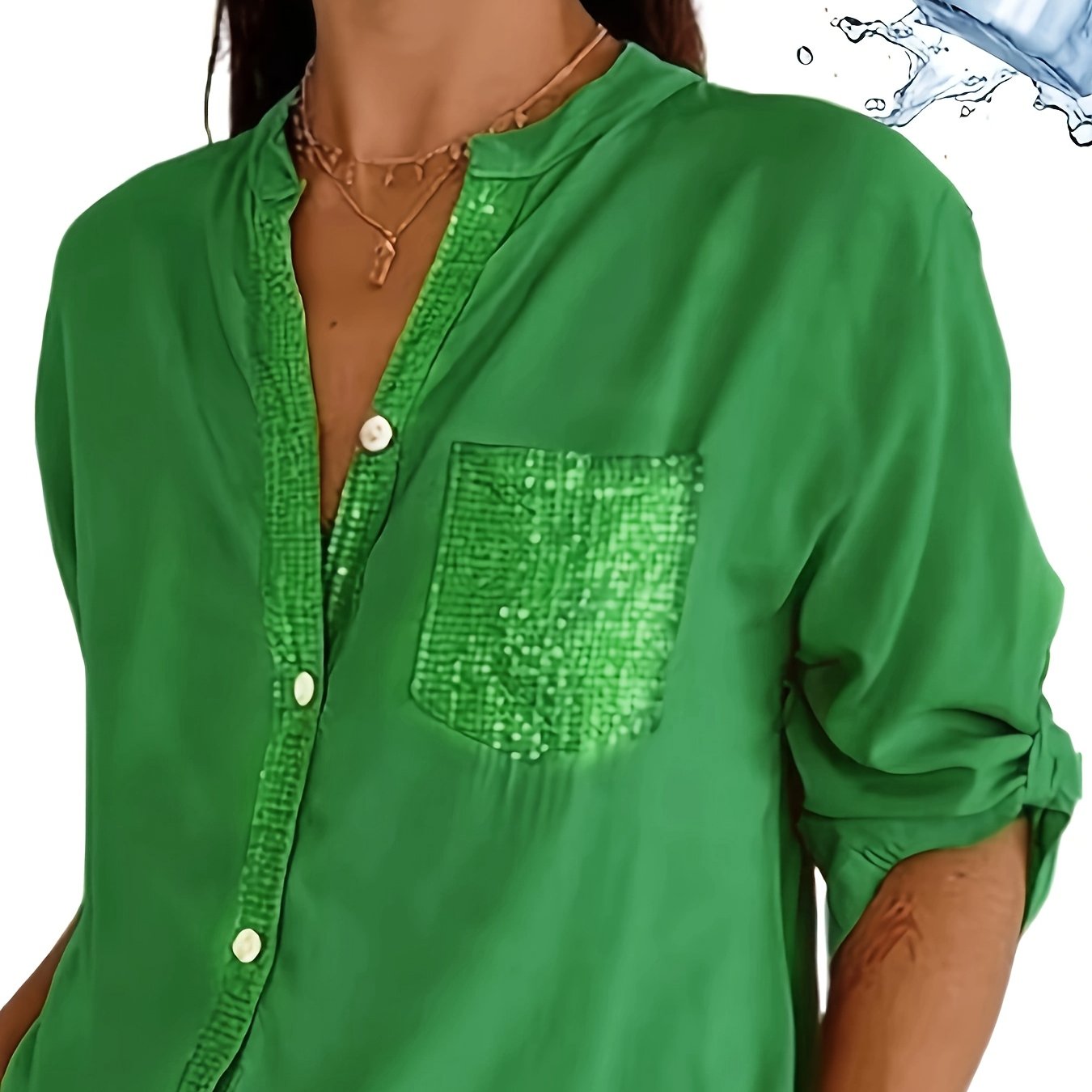 Women's Polyester Long-Sleeve Button-Up Shirt with Patch Pockets Casual All-Season