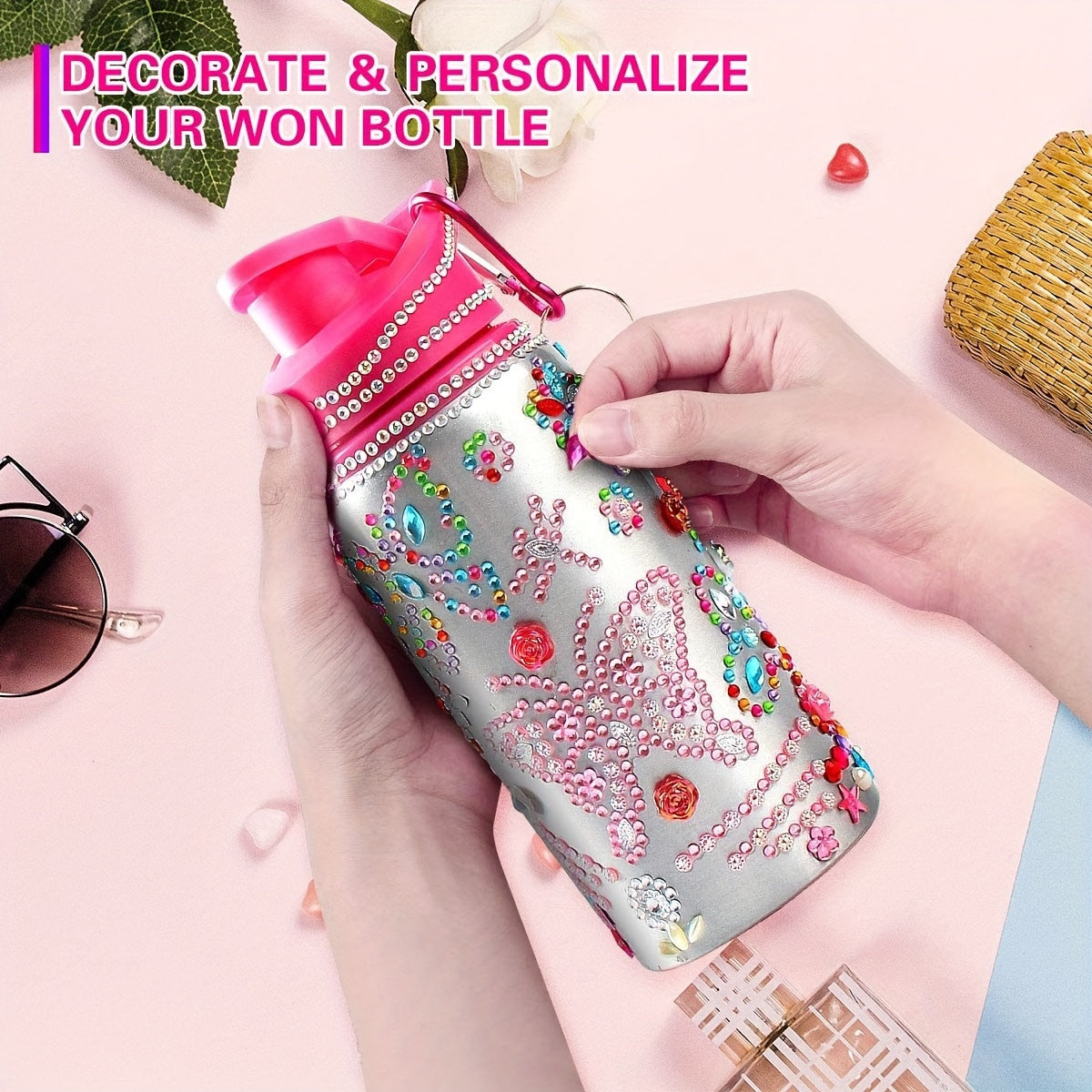 Reusable Water Bottle 20 Oz with Rhinestones and Glitter Personalizable BPA-Free