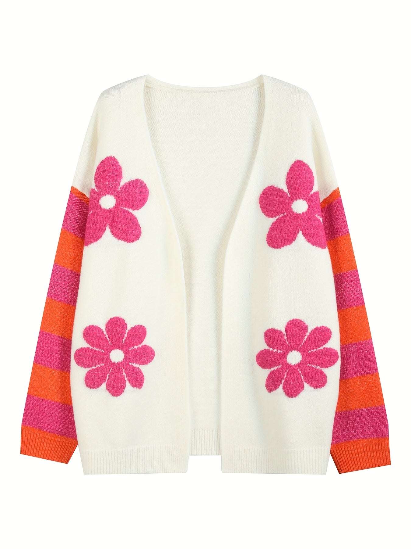 Cárdigan de punto para mujer talla grande, suéter de manga larga con abertura frontal, con estampado floral en rosa pastel y naranja