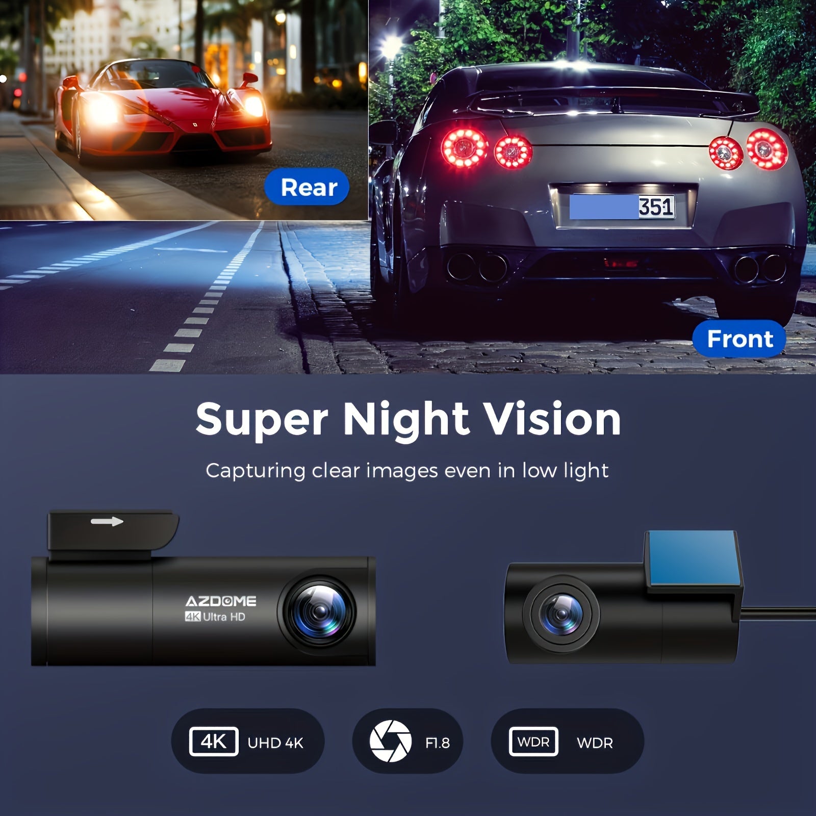 AZDOME M300S 4K HD видеорегистратор с записью спереди и сзади в реальном времени, 5G WiFi, GPS, голосовым управлением, WDR, G-сенсором, мониторингом парковки и включенной SD-картой.