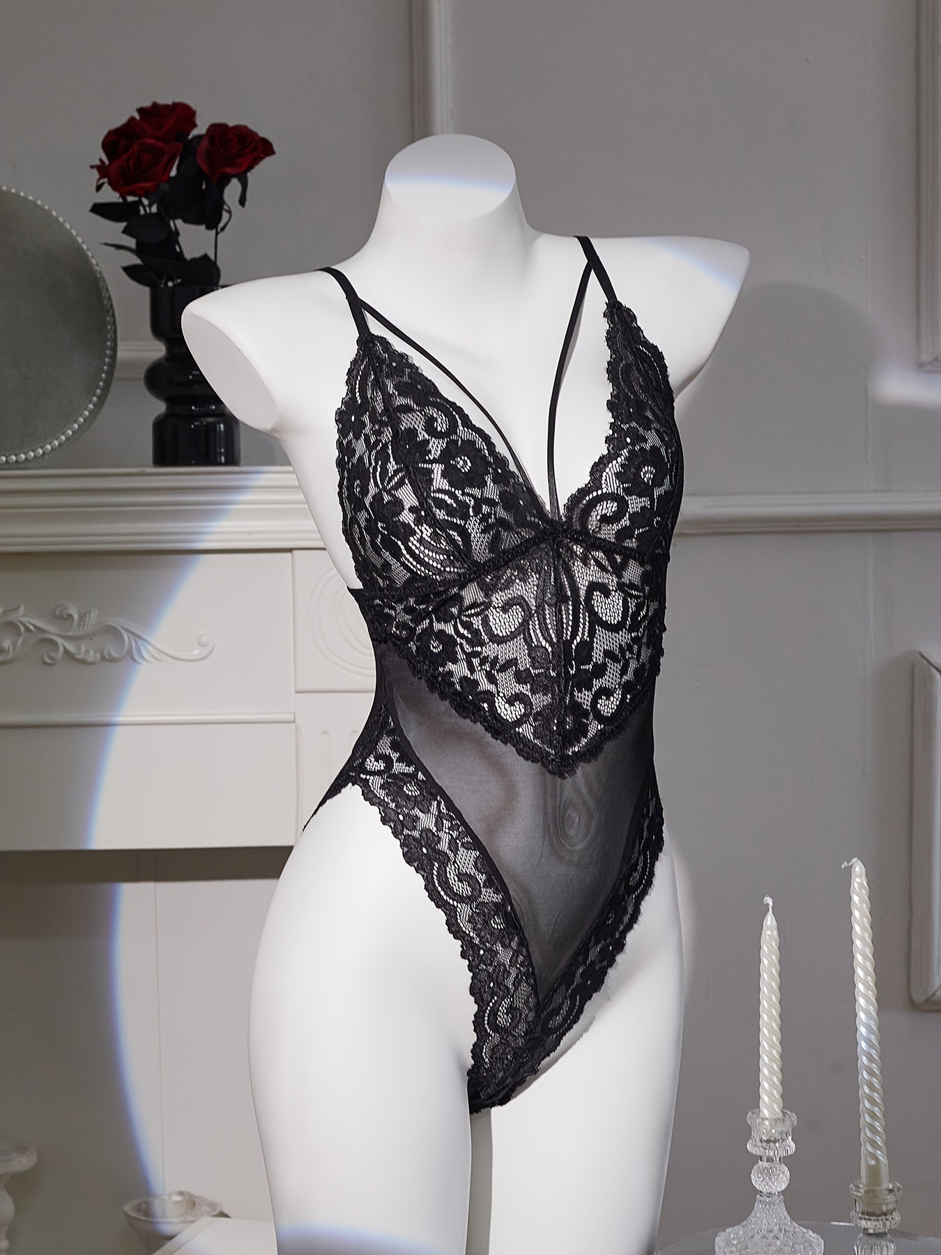 Women’s Lace Bodysuit Hollow-Out Knit Lingerie Solid Color Low Support