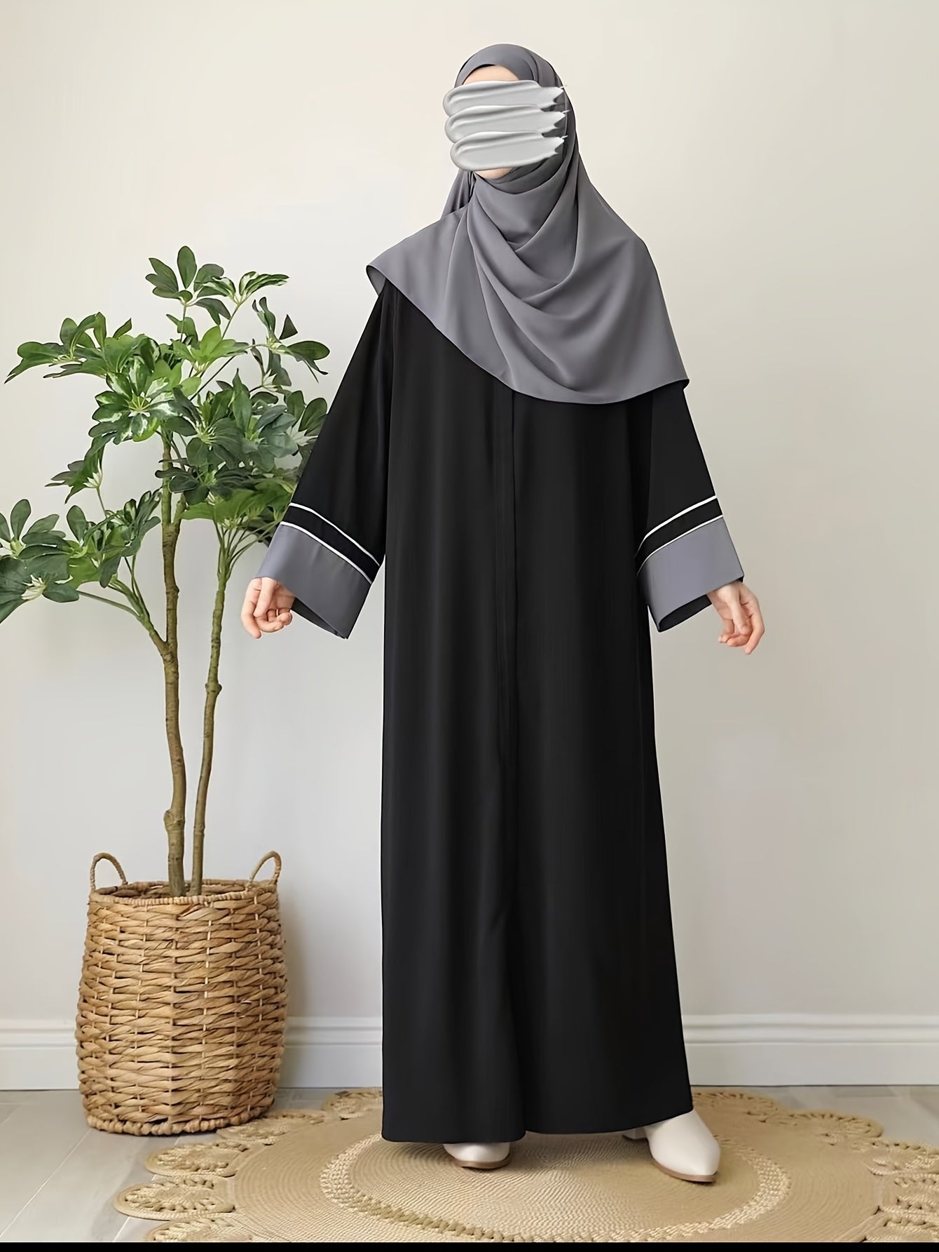 Black Abaya for Middle Eastern Muslim Women Long Sleeve Loose Fit Woven Polyester