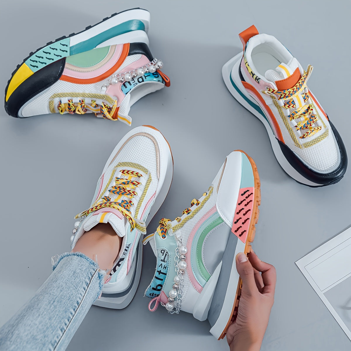 Women's Sneakers with Sparkling Bead Chain Breathable Mesh Lace-Up All-Season Mid Top