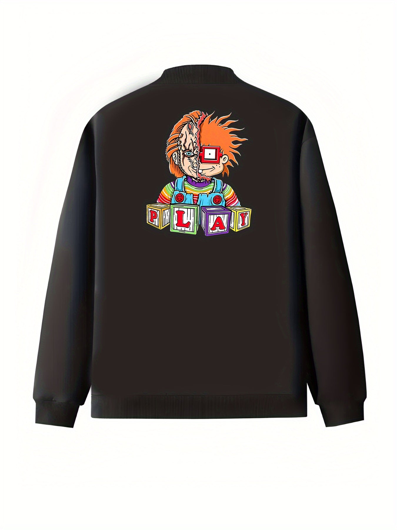 Plus Size Women's Casual Zip-Up Jacket with Cartoon Print Black Oversized Coat