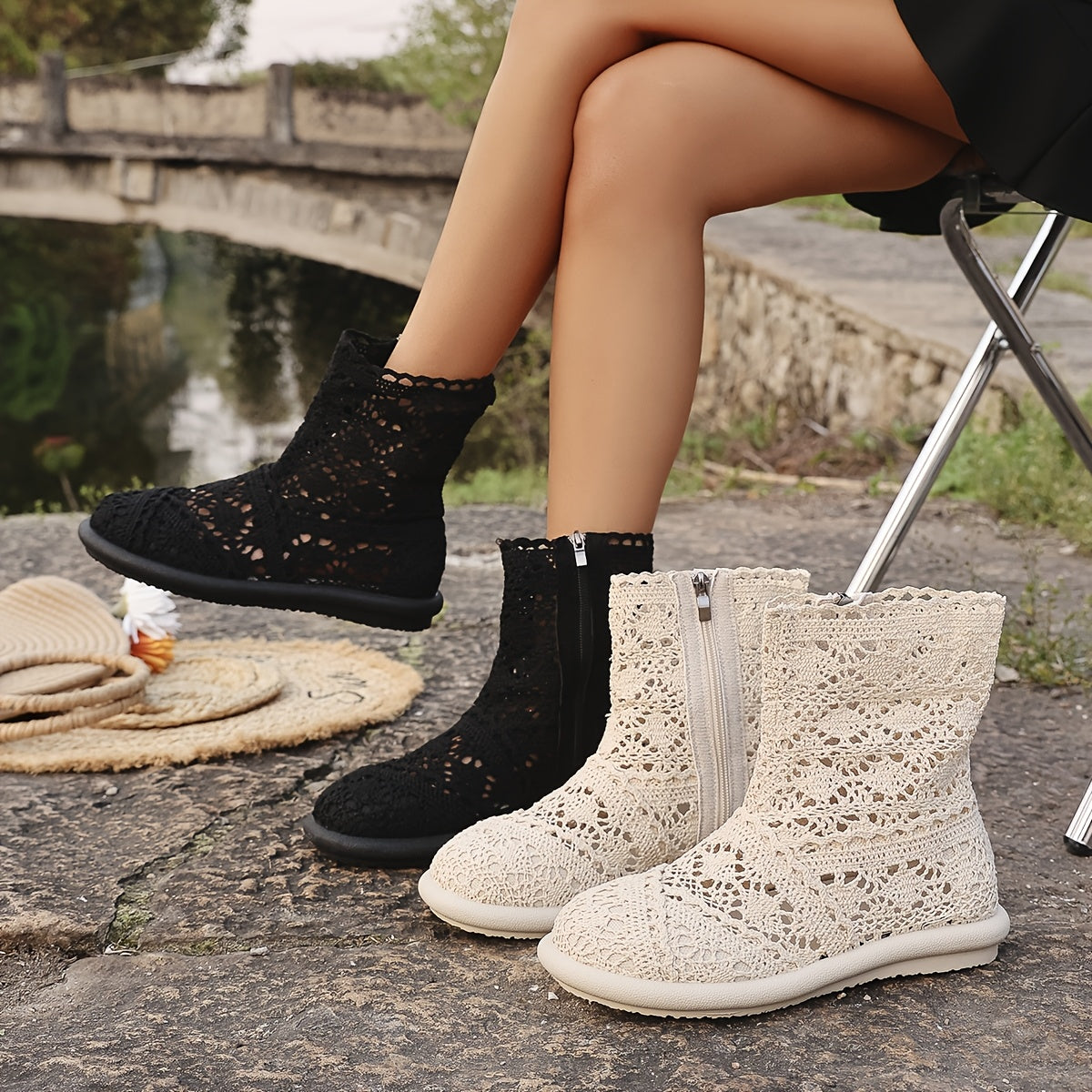 Women's Casual Ankle Boots Lace-Up Zipper Flat Toe Breathable Fabric