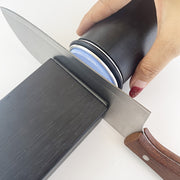 Wooden knife sharpener with diamond sharpening stone, uncharged magnetic rolling system, adjustable angle with rollers, kitchen grinding tool accessory.