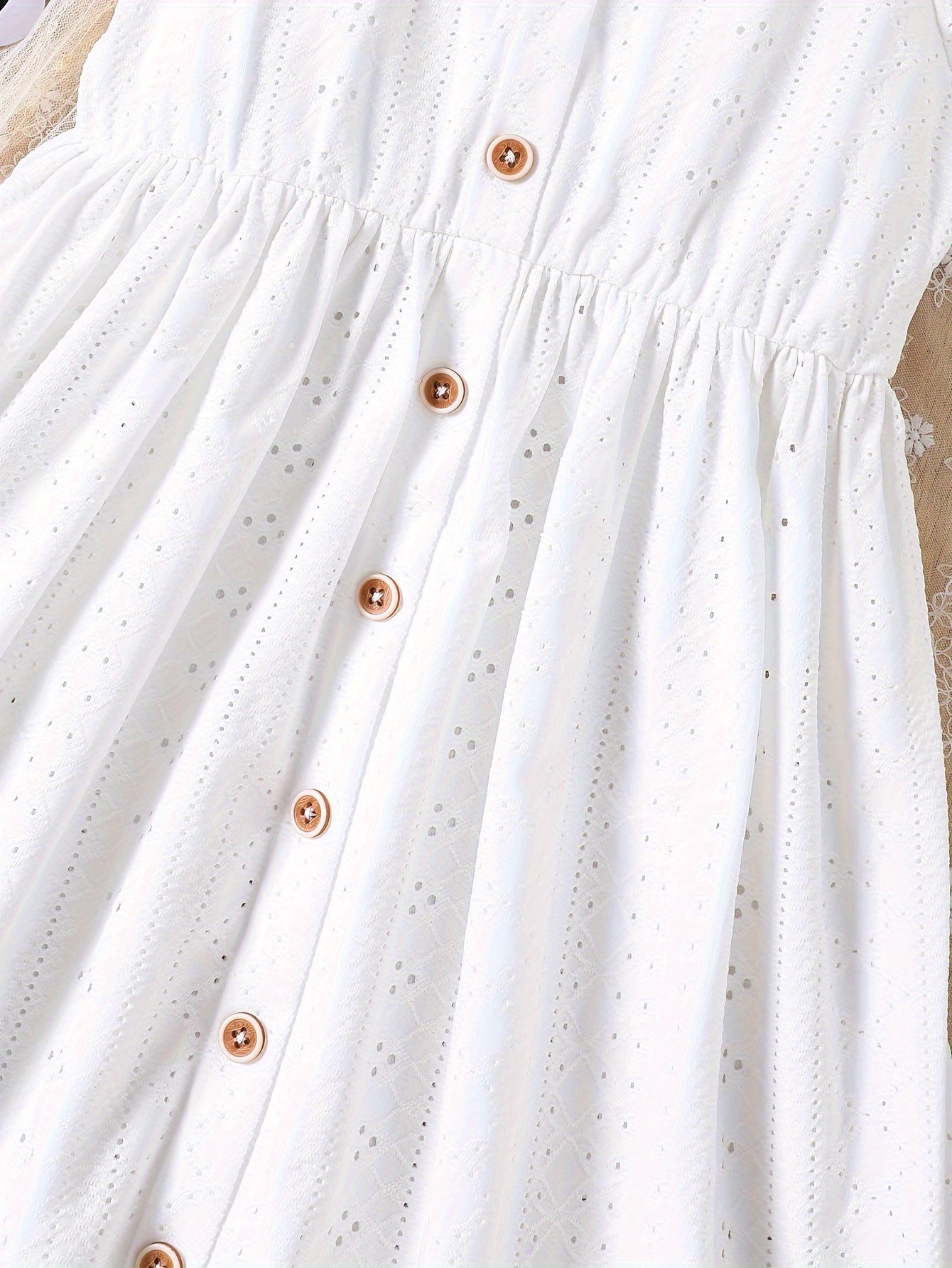 Girls Summer Dress with Eyelet Jacquard Puff Sleeves Ruffle Hem White Knit Fabric